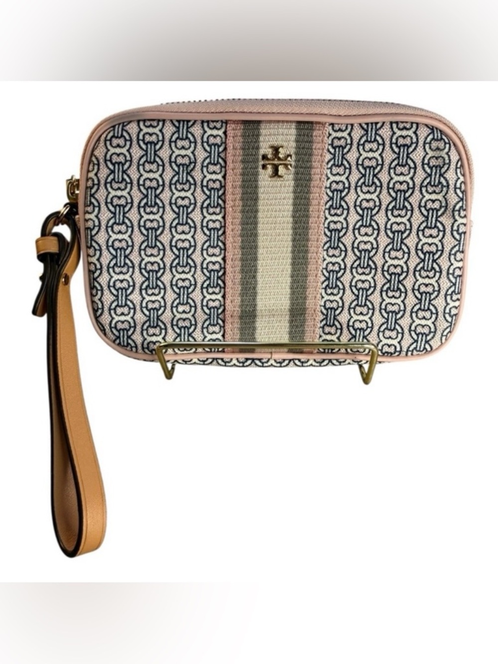 TORY BURCH Gemini Link Print Canvas Wristlet w/Tan Leather Trim